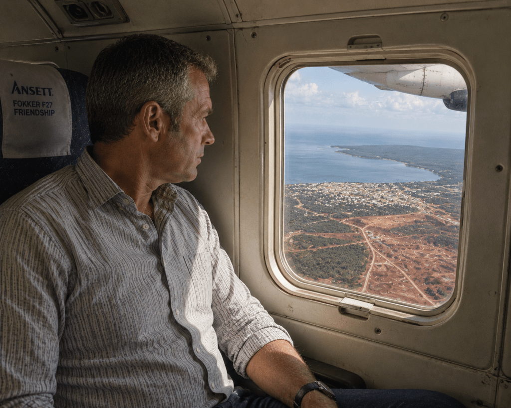 Detective Inspector Dave O’Reilly looking from an aircraft window towards the Gulf and the red country surrounding Weipa.