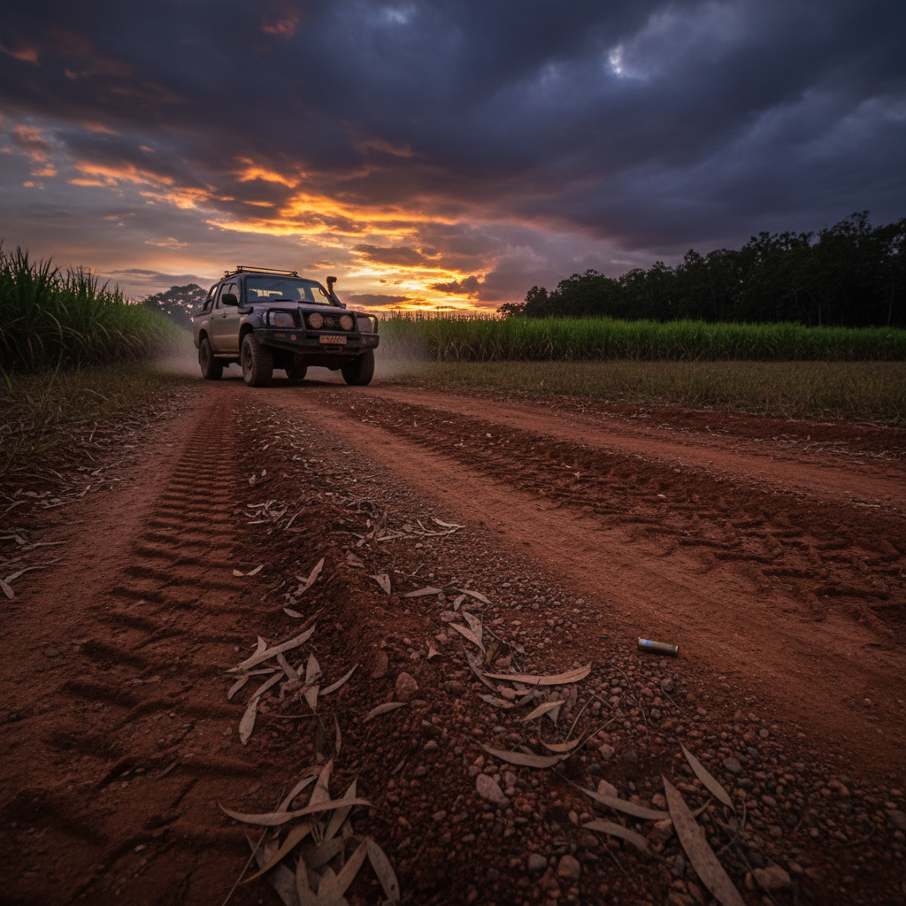 A lone, dust-coated four-wheel-drive vehicle parked on the edge of a remote, red-dirt track in Far North Queensland, its headlights off, bonnet still faintly warm in the dusk glow. The foreground shows deep tyre ruts cutting through ochre soil and scattered eucalyptus leaves, leading the eye toward a distant line of silhouetted sugarcane and dense tropical scrub. Above, bruised storm clouds gather, streaked with the last bands of golden hour light, casting long, cinematic shadows. A small, reflective object glints in the dirt beside the track, hinting at a crime scene without revealing details. Captured from a low, three-quarter angle with wide cinematic framing, the scene feels tense and anticipatory, embodying the atmosphere of Australian rural crime fiction.