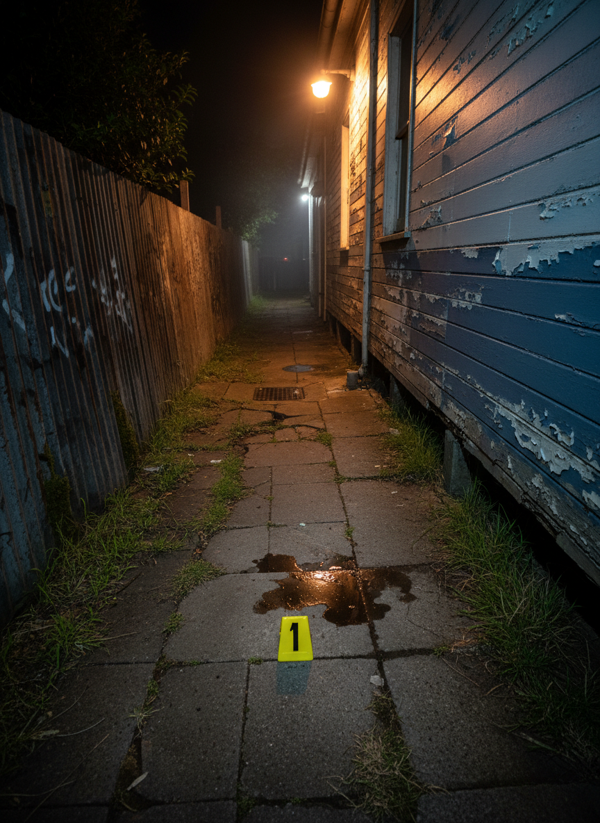 A narrow alleyway behind an old Queenslander pub, framed by rough corrugated-iron fences and peeling, sun-faded paint, the ground a patchwork of cracked concrete and damp, overgrown grass. In the centre lies a single, dropped evidence marker-style object in bright yellow plastic, but without any numbers or text, beside a dark stain that could be oil or something more sinister. A flickering, sodium-vapour security light casts harsh yellow illumination from the left, creating deep, inky shadows and a strongly directional, cinematic contrast. Humidity clings to the scene, with faint mist rising near a distant storm drain. Shot from a slightly elevated, oblique angle with strong leading lines and a deep depth of field, the composition suggests a pivotal moment in a crime investigation, set unmistakably in an Australian urban edge environment.