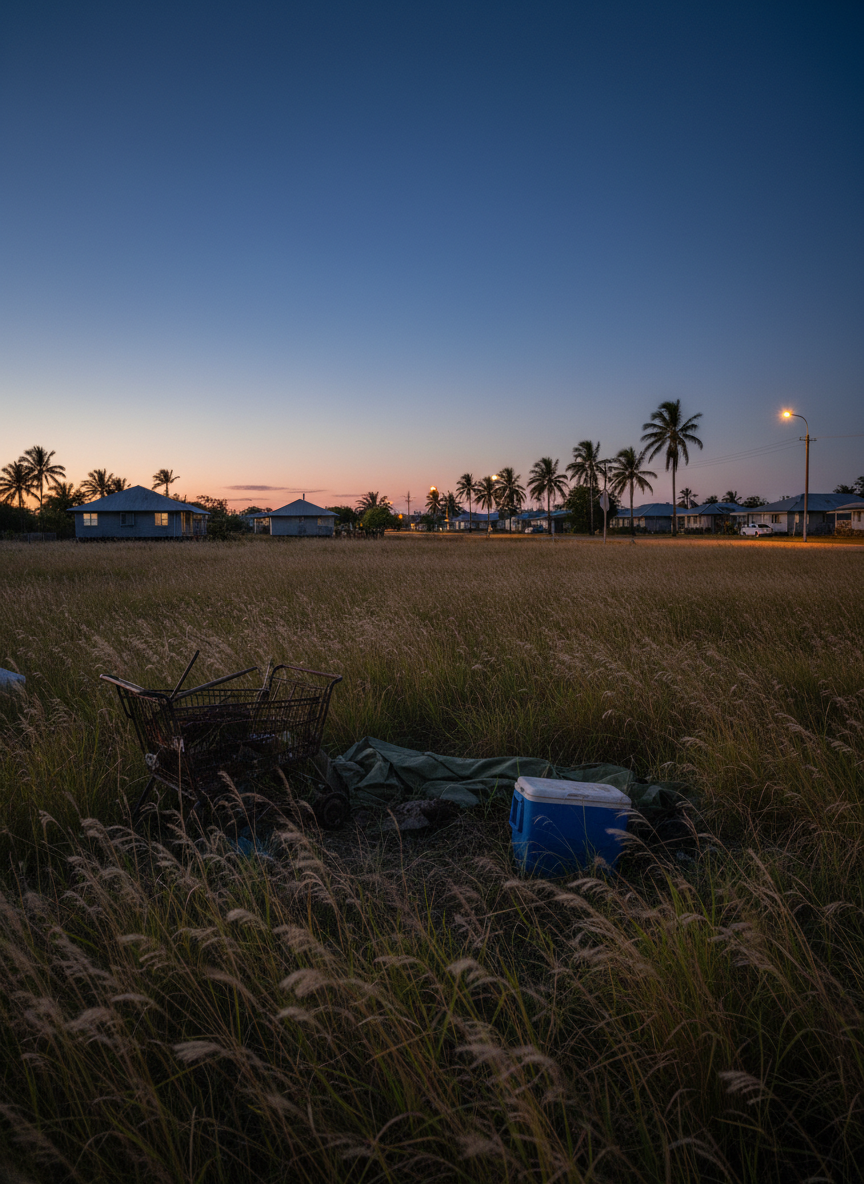 A panoramic, cinematic view of Far North Queensland’s ‘long grass’ on the outskirts of a tropical town at twilight, tall, unkempt blades of grass in the foreground bending slightly in a humid breeze. Discarded items—a rusted shopping trolley, a faded esky, a torn tarp—are half-hidden among the vegetation, hinting at lives lived out of sight without showing any people. In the mid-distance, the soft glow of streetlights silhouettes low, weatherboard houses and a line of swaying palms. The sky is a deepening cobalt, with lingering pink on the horizon after sunset, casting soft, diffused light and gentle, elongated shadows. Shot at eye level with a moderate depth of field, the overall mood is melancholic and contemplative, suggesting the human stories and potential crimes concealed within this Australian landscape.