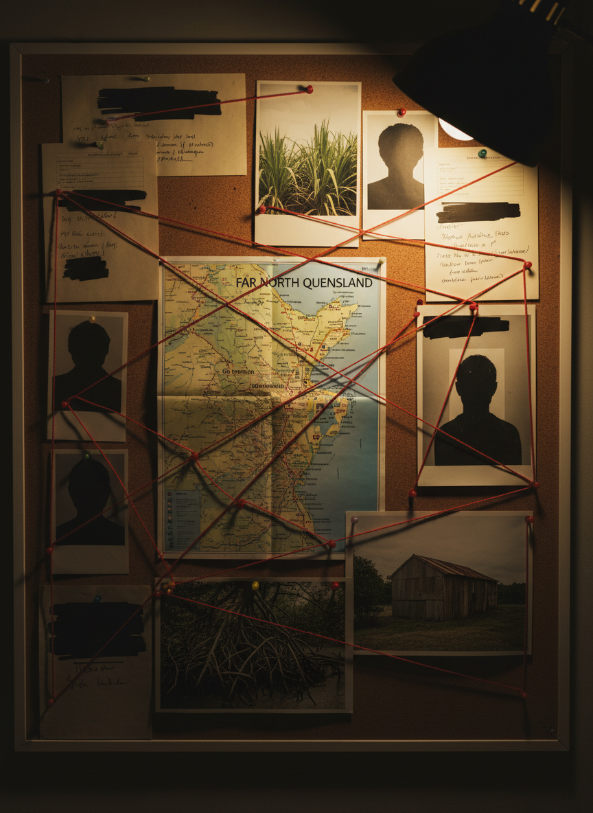 A close-up, cinematic overhead shot of a corkboard-style evidence wall in a dimly lit study, filled with anonymous crime fiction details but no legible text or faces. There are blurred photocopied documents with redacted blocks, abstracted mugshot silhouettes with facial features obscured, a folded tourist brochure map of Far North Queensland with tiny red string connecting coastal towns to inland communities, and pinned photos of landscapes—cane fields, mangroves, rusted tin sheds. A single desk lamp casts a warm, focused pool of light from the top right, leaving the corners in deep shadow. The composition uses strong diagonals of red string to guide the viewer’s eye, with a shallow depth of field isolating the central cluster of pins, evoking the intricate plotting of a professional Australian crime author.