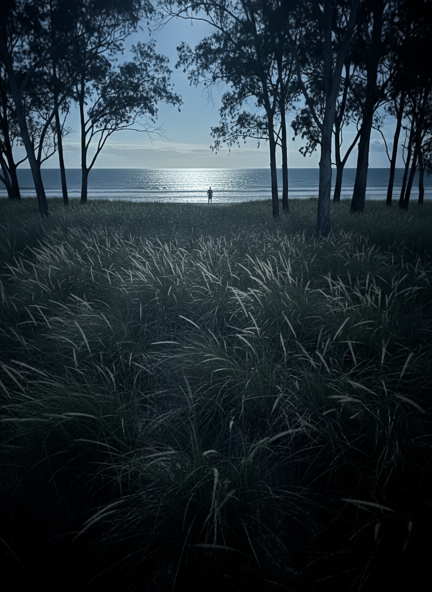 Moonlit tropical Queensland beach with long grass and a solitary figure near the shoreline
